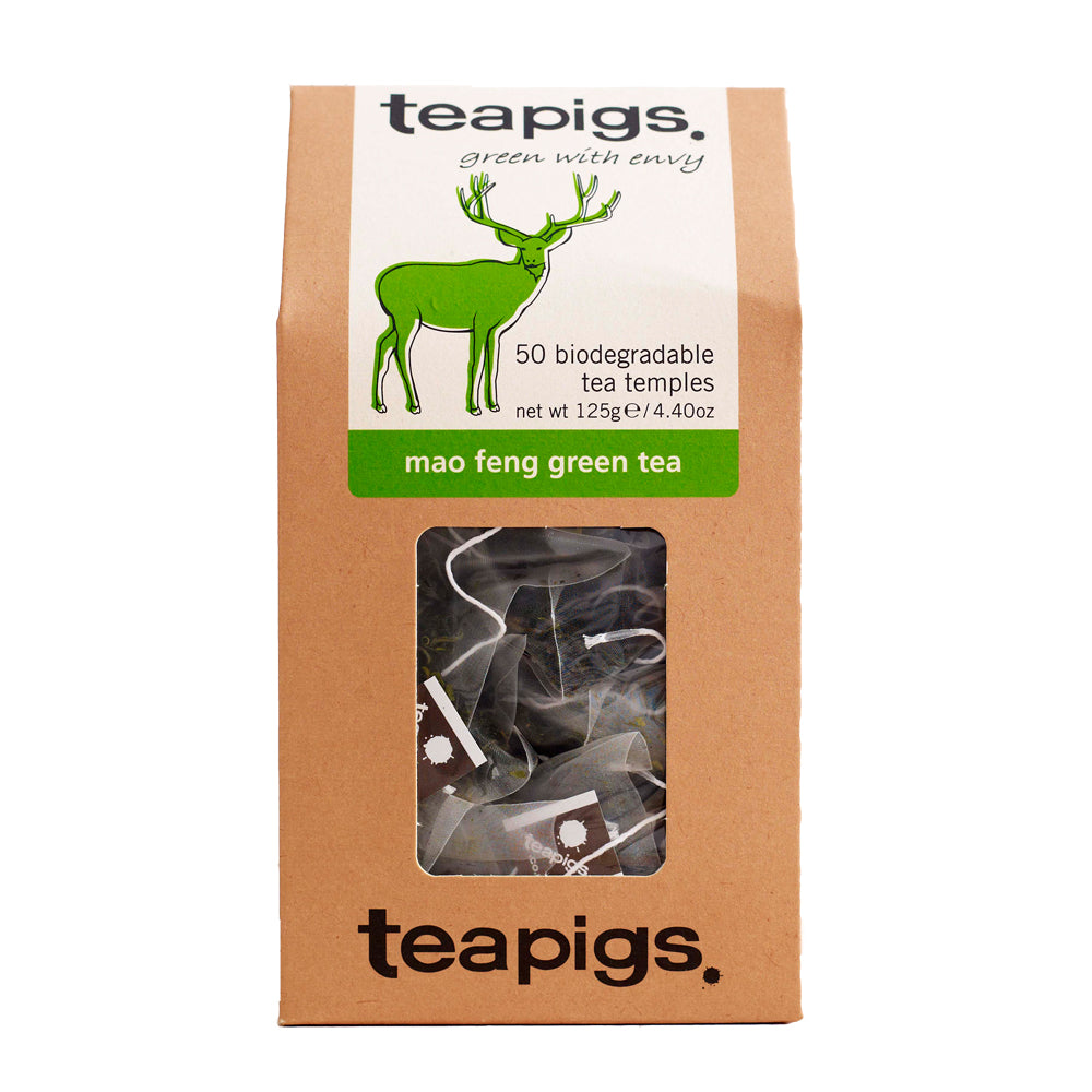 Teapigs Mao Feng Green Tea packaging with a cardboard box and window